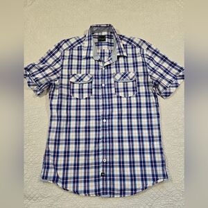7 Diamonds Blue and White Plaid Casual Button Down Shirt Sz M